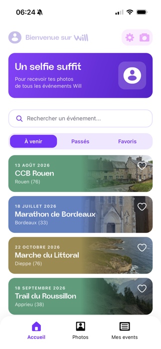 L'app Will : accueil avec carte selfie et liste d'events